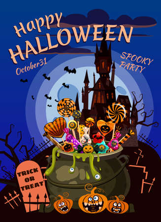 Hello Halloween Cauldron full of Candies and sweets. Autumn october holiday dark mansion cemetery tradition celebration banner poster template party. Vector illustration isolatedのイラスト素材
