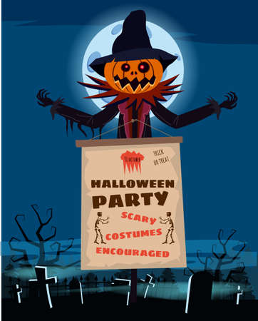 Scarecrow character at the cemetery with a Jack O Lantern head pumpkin in ripped coat with Happy Halloween poster. Isolated on white background cartoon styleのイラスト素材
