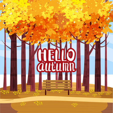 Autumn Park landscape yellow orange red foliage trees, walkway bench. Hello Fall lettering mood outdoor cityscape. Vector isolated illustration isolatedのイラスト素材