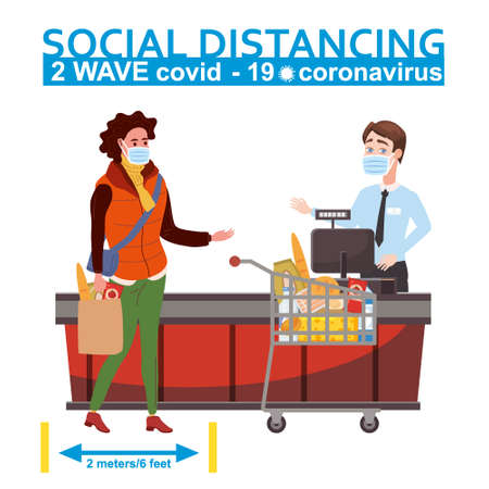 Supermarket social distancing store counter cashier and buyer in medical masks, with cart and basket of food. Quarantine coronavirus 2019-nCoV 2 wave in the store epidemic precautions. Cartoon style vector illustrationのイラスト素材
