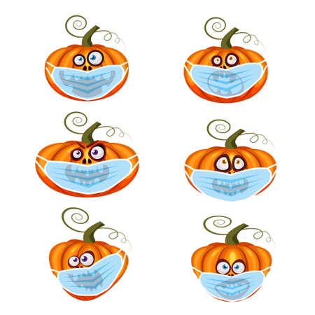 Set Halloween Pumpkin wearing medical face mask from coronavirus during quarantine, symbol autumn holiday All Saints Day. Vector illustration isolatedのイラスト素材