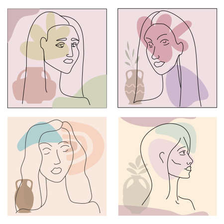 Set Womans line portrate in modern minimalist style trendy. Abstract shape pastel warm colors,flowers, vase. Editable outlineのイラスト素材