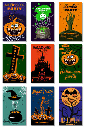 Set Halloween holiday greeting card merry pumpkin, spider, web, deads, witch, cemetery. Template banner, flyer, posterのイラスト素材