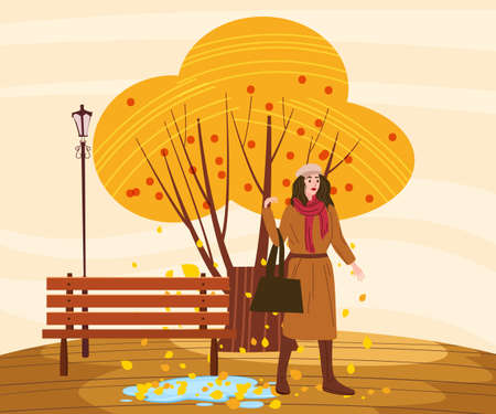 Young woman in the autumn park city, trendy clothes street fashionable style outwear female, fall mood. Trendy vector style isolatedのイラスト素材