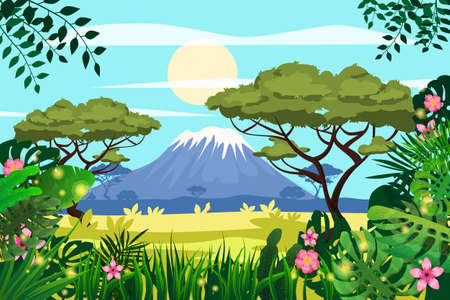 African savannah landscape, mountains, rainforest jungle scenery silhouette. Bright flora with ferns and flowers. Vector illustration isolated cartoon styleの写真素材
