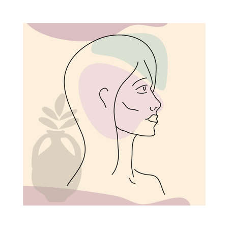 Woman line portrate in modern minimalist style trendy. Abstract shape pastel warm colors,flowers, vase. Editable outlineのイラスト素材