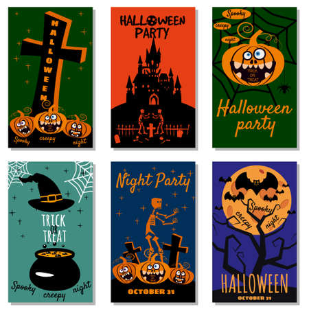 Set Halloween holiday greeting card merry pumpkin, spider web, bats, cauldron, deads, witch, cemetery.のイラスト素材