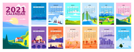 2020 Calendar minimalistic landscape natural backgrounds of four seasonsのイラスト素材