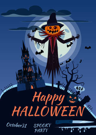 Scarecrow character Halloween at the cemetery with a Jack O Lantern head pumpkin in ripped coat. Isolated on white background cartoon styleのイラスト素材