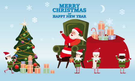 Merry Christmas and Happy New Year Santa Claus with his elf helpers and deers gives gifts to children in his residence. In conditions of the COVID 2019 pandemic in medical masks, Social distancing. Vector illustrationのイラスト素材
