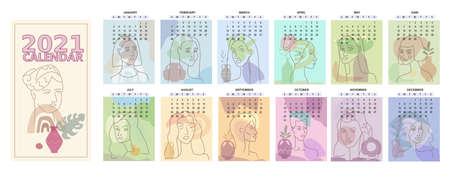 2020 Calendar Womans Face Minimal Line Art. Set of 12 months one line woman contemporary portrait abstract collage with colorful geometric shape. Fashion female faces modern trendy style. Calendar editable line vectorのイラスト素材