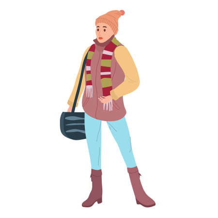 Young woman in autumn trendy clothes street fashionable style outwear female. Trendy vector style isolatedのイラスト素材