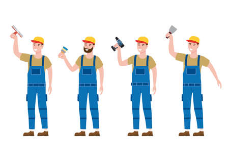 Set Construction workers with cordless screwdriver, brush, plastering trowel tools in workwear. Craftsman character vector isolatedのイラスト素材