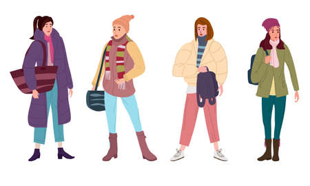 Set Young womans in trendy autumn clothes street fashionable style outwear female. Trendy vector style isolatedのイラスト素材