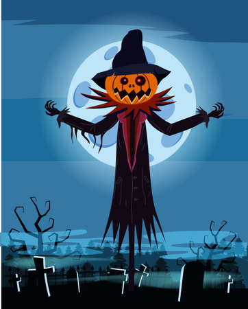 Scarecrow character Halloween at the cemetery with a Jack O Lantern head pumpkin in ripped coat. Isolated on white background cartoon styleのイラスト素材