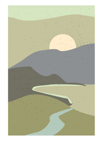 Landscape Abstract Modern Contemporary background sunset. Mountains, hills, waves shapes. Vector illustration trendy art flat minimalist style template banner poster decorのイラスト素材