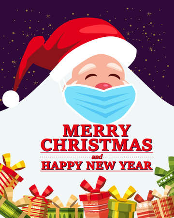 Santa Claus big and funny with medical surgery face mask with gifts boxes. Safe holidays during pandemic COVID. Greeting card Merry Christmas and Happy New Year poster banner vector illustration isolatedのイラスト素材