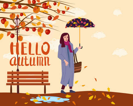 Hello Autumn Young woman in the autumn park city with umbrella, trendy clothes street fashionable style, lettering, fall mood. Trendy vector style isolatedのイラスト素材