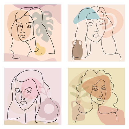 Set Womans line portrate in modern minimalist style trendy. Abstract shape pastel warm colors,flowers, vase. Editable outlineのイラスト素材