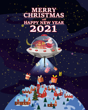 Santa Claus Van with text Merry Chrismas and Happy New Year 2021 flying in UFO spaceship flying saucer delivering shipping giftsのイラスト素材