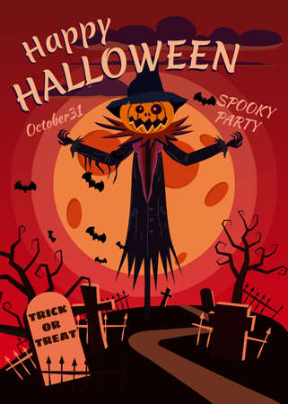 Happy Halloween Scarecrow character at the cemetery with a Jack O Lantern head pumpkin in ripped coat. Isolated on white background cartoon styleのイラスト素材