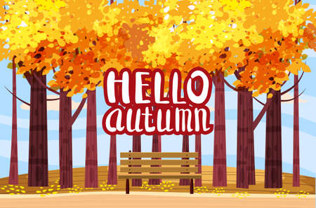Autumn Park landscape yellow orange red foliage trees, walkway bench. Hello Fall lettering mood outdoor cityscape. Vector isolated illustration isolatedのイラスト素材