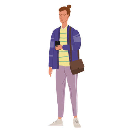 Young man student in modern autumn trendy clothes. Fashion casual outerwear street style character. Flat cartoon style vector isolated illustrationのイラスト素材
