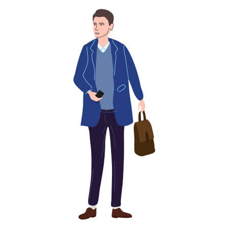 Young man student in modern autumn trendy clothes. Fashion casual outerwear street style character. Flat cartoon style vector isolated illustrationのイラスト素材