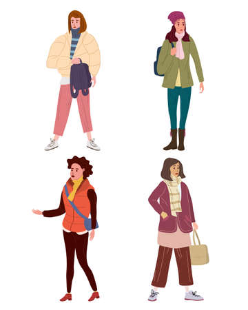 Set Young womans in trendy autumn clothes street fashionable style outwear female. Trendy vector style isolatedのイラスト素材