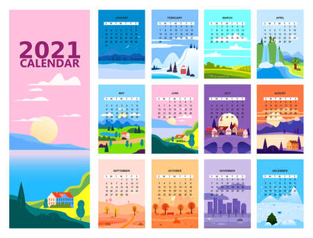 2021 Calendar minimalistic landscape natural backgrounds of four seasonsのイラスト素材