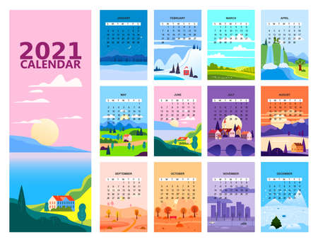 2021 Calendar minimalistic landscape natural backgrounds of four seasonsの素材 [FY310157918202]