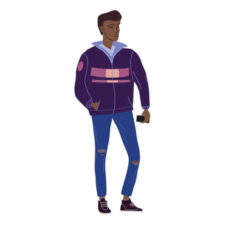 Young black man student in modern autumn trendy clothes. Fashion casual outerwear street style character. Flat cartoon style vector isolated illustrationのイラスト素材