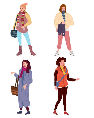 Set Young womans in trendy autumn clothes street fashionable style outwear female. Trendy vector style isolatedのイラスト素材