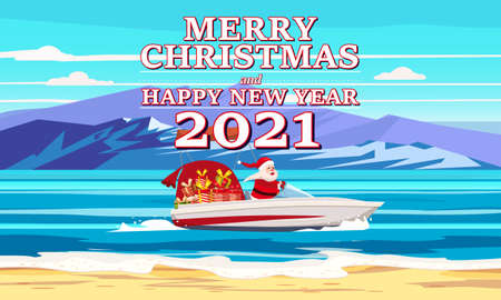 Merry Christmas Santa Claus on speed boat on ocean sea tropical island palms mountains seaside delivering shipping giftsのイラスト素材