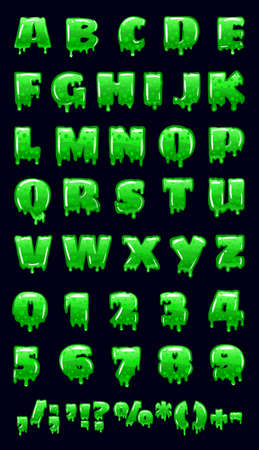 Slime Font green bubbling toxic mold. Letters numbers glyphs. Vector cartoon style illustrationのイラスト素材