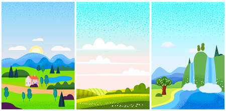 Set Spring landscape march april may month. Season banner for calendar pages cover baner poster. Minimal noise brush trendy style isolated vectorの写真素材