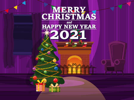 Merry Christmas interior of the living room with a Christmas tree, gifts and a fireplace, window, furniture, Xmas wreath, decorations. Vector illustration isolated cartoon styleのイラスト素材