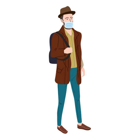 Young man student in modern autumn trendy clothes. In medical mask, individual protection from viruses, smog, vapor. Fashion casual outerwear street style character. Flat cartoon style vector isolatedのイラスト素材