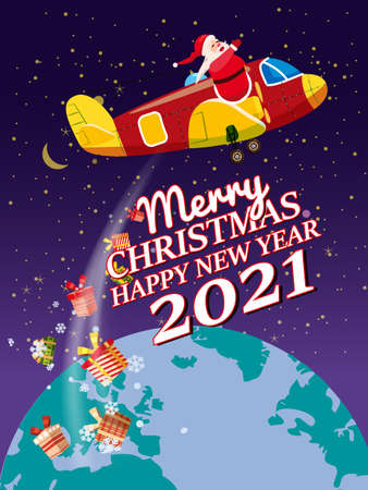 Santa Claus Van with text Merry Chrismas and Happy New Year 2021 flying in plane delivering shipping giftsのイラスト素材