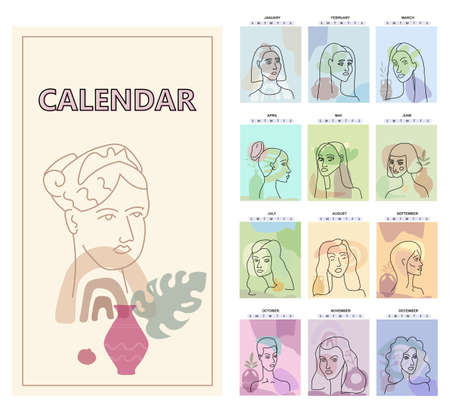 2020 Calendar Womans Face Minimal Line Art. Set of 12 months one line woman contemporary portrate abstract collage with colorful geometric shape. Fashion female faces modern trendy style. Calendar editable line vectorのイラスト素材