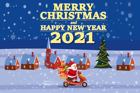 Santa Claus Van with text Merry Chrismas and Happy New Year 2021 rides a scooter delivering shipping gifts on night winter town. Vector illustration isolated cartoon styleのイラスト素材