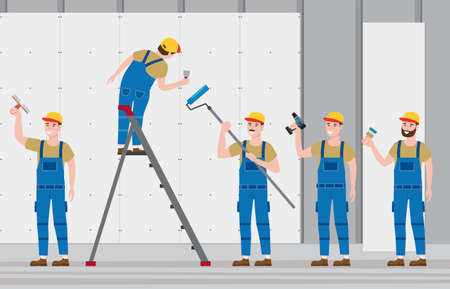 Set Construction workers with cordless screwdriver, brush, plastering trowel tool, rollerbrush in workwear. Craftsman character vector isolatedのイラスト素材
