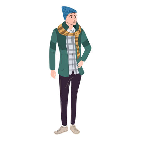 Young man student in modern autumn trendy clothes. Fashion casual outerwear street style character. Flat cartoon style vector isolated illustrationのイラスト素材