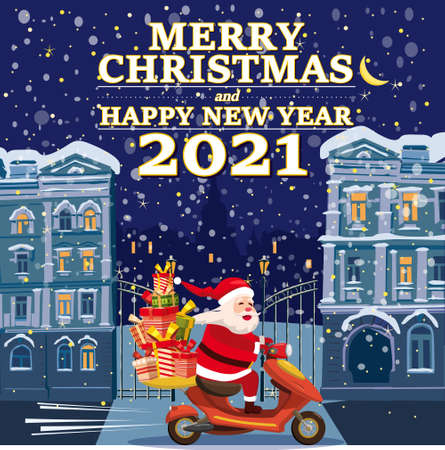 Santa Claus Van with text Merry Chrismas and Happy New Year 2021 rides a scooter delivering shipping gifts on night winter town. Vector illustration isolated cartoon styleのイラスト素材