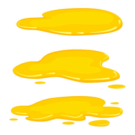 Set Puddles yellow oil, olive oil, honey, liquid gold, vector, cartoon style, isolated, illustration, on a white backgroundのイラスト素材