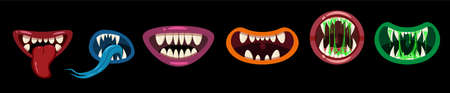 Set Monsters mouths creepy and scary. Funny jaws teeths tongue creatures expression monster horror saliva slime. Vector isolated illustration cartoon styleのイラスト素材