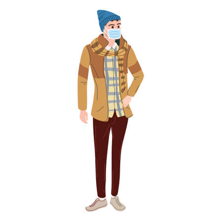 Young man student in modern autumn trendy clothes. In medical mask, individual protection from viruses, smog, vapor. Fashion casual outerwear street style character. Flat cartoon style vector isolatedのイラスト素材