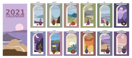 2021 Calendar minimalistic window view landscape natural backgrounds of four seasons. Winter wonderland, Fresh on Spring, Hot sunny day on Summer, Autumn with leaves falling. Set Minimal modern boho trendy style. Vector illustrationのイラスト素材