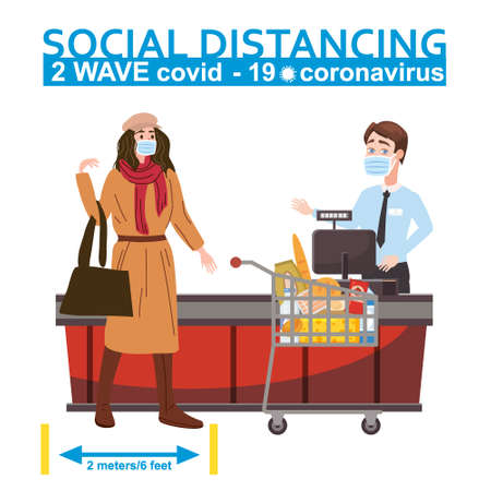 Supermarket social distancing store counter cashier and buyer in medical masks, with cart and basket of food. Quarantine coronavirus 2019-nCoV 2 wave in the store epidemic precautions. Cartoon style vector illustrationのイラスト素材