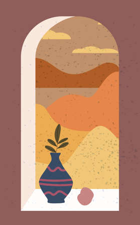 Open old window with landscape absctract view and stillife, vase, friut. Mountains sea and ocean. Minimal modern boho trendy style. Vector illustration flat isolatedのイラスト素材